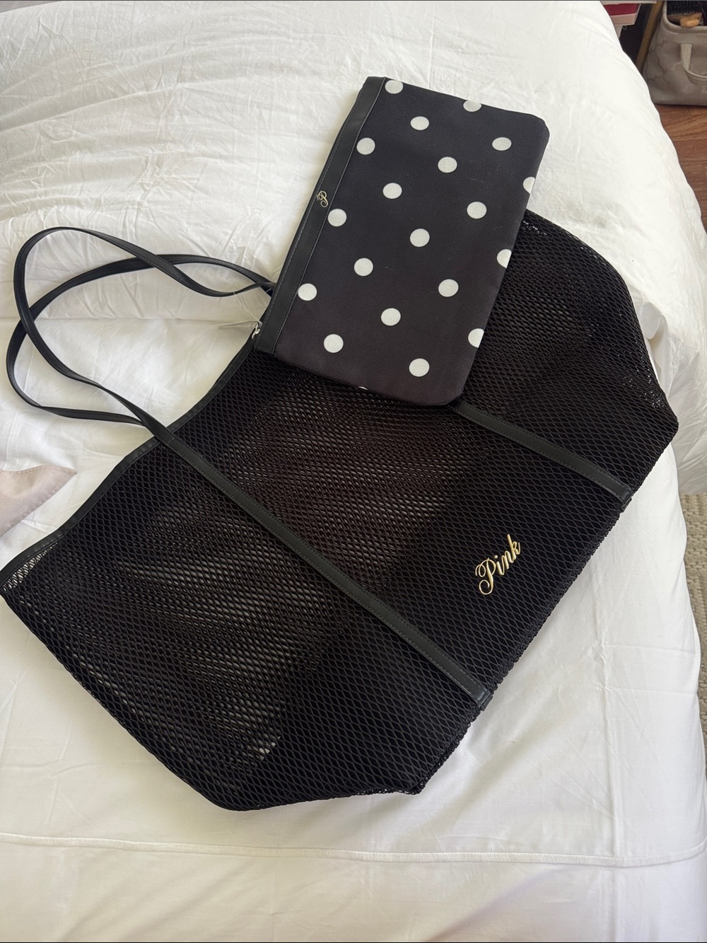 PINK Victoria's Secret Black Mesh Tote with Polka Dot Pouch